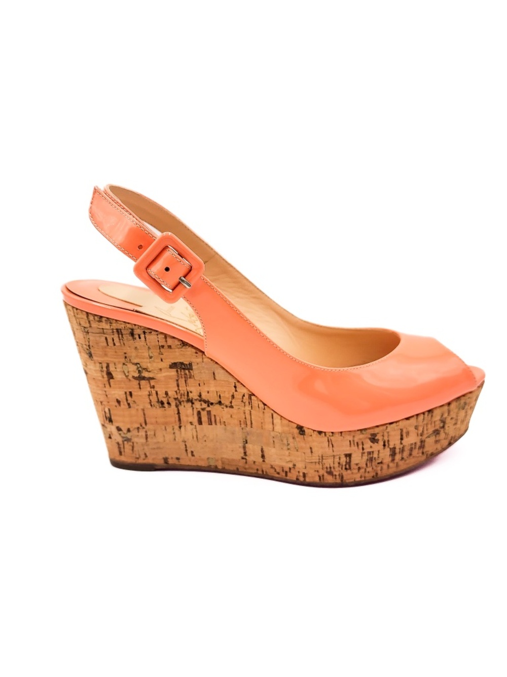 Christian Louboutin Peach Patent Leather Cork Slingback Wedge Platforms EU 36